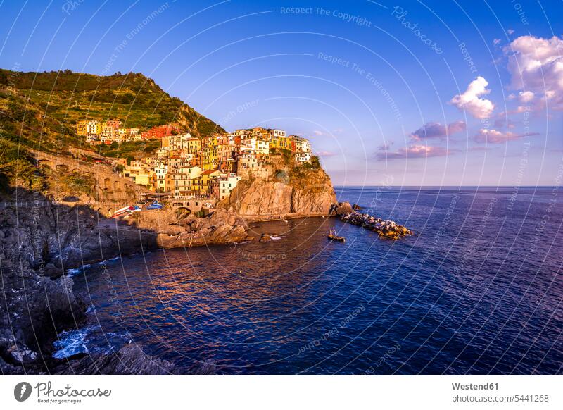 Italy, Liguria, Cinque Terre, Manarola at sunset coast coastline coast area Seacoast seaside Architecture sunlight Sunlit cliff coast steep coast cliff line