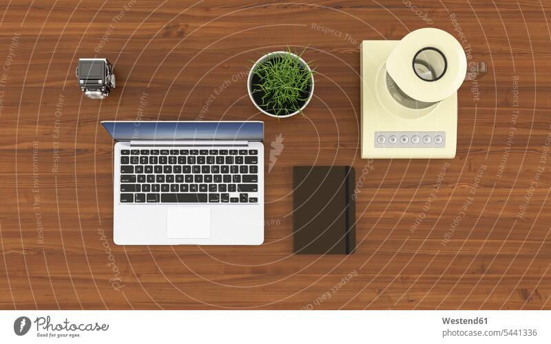 Laptop, camera, notebook, potted wheat grass and a blender on desk desks potted plant potted plants pot  plants pot plant notebooks reflex camera