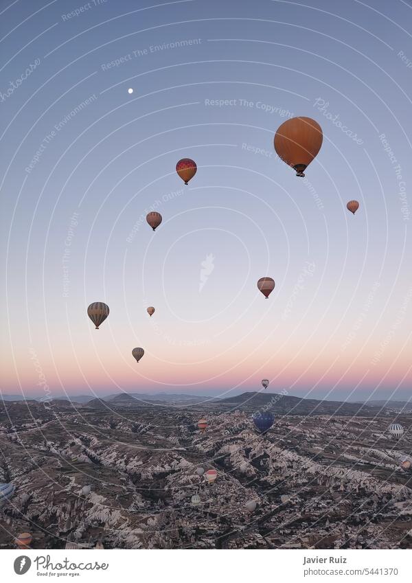 Group of colorful balloons flying at dawn in Cappadocia, Turkey. cappadocia turkey sunrise group moon clear sky travel nature mountain ballooning landscape