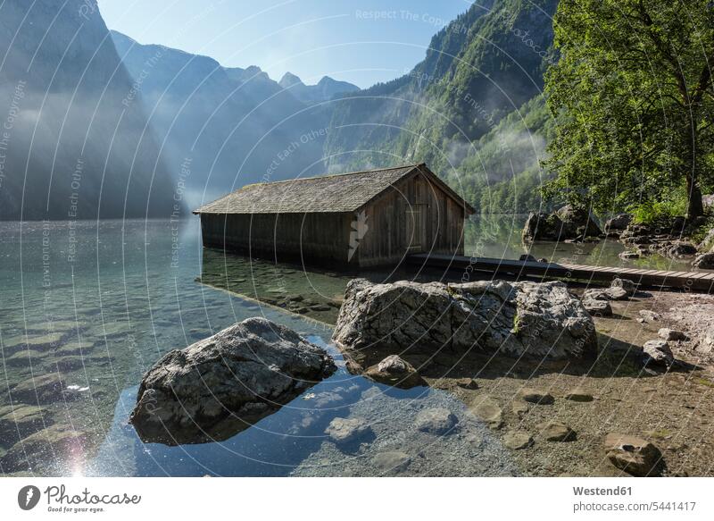 Germany, Bavaria, Berchtesgaden Alps, Lake Obersee, boathouse footbridge day daylight shot daylight shots day shots daytime tranquility tranquillity Calmness