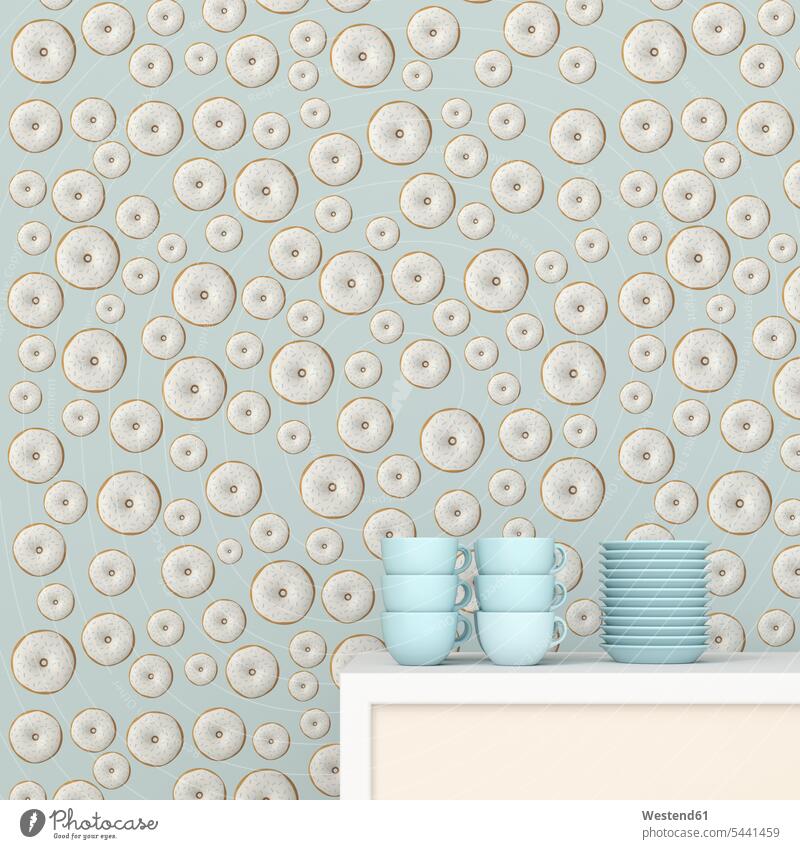Stack of blue coffee cups and saucers on cup board in front of wallpaper with doughnut pattern, 3D Rendering on top of unconventional Offbeat structure