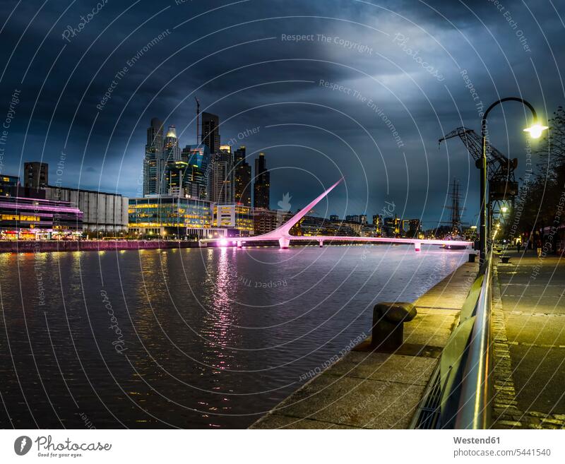 Argentina, Buenos Aires, Puerto Madero, Dock Sud with Puente de la Mujer at night Dock South illumination lighting outdoors outdoor shots location shot