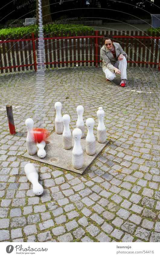 Karlsruhe Zoo with bowling & skittles Bowling ball Skittle bowlingball Chain Conical Red White Fence Ball Cobblestones Stone