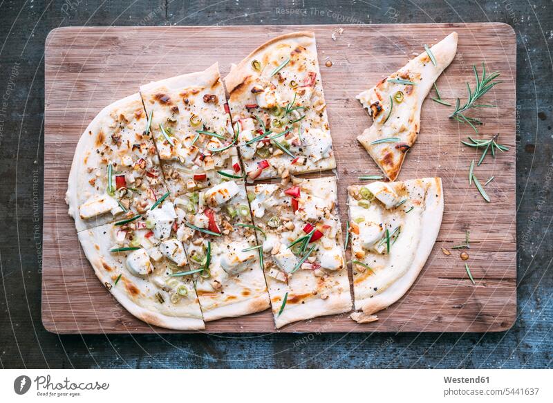 Tarte Flambee with apple, goat cheese, spring onions, rosmary and walnuts food and drink Nutrition Alimentation Food and Drinks Chopping Board Cutting Boards