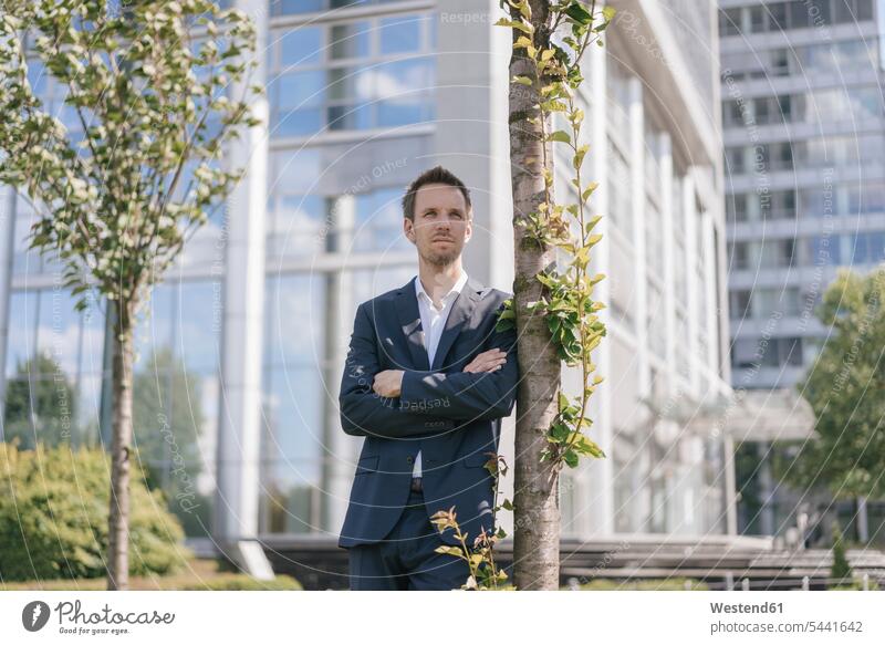 Businessman leaning against a tree in front of office building standing Tree Trees office buildings Business man Businessmen Business men built structure