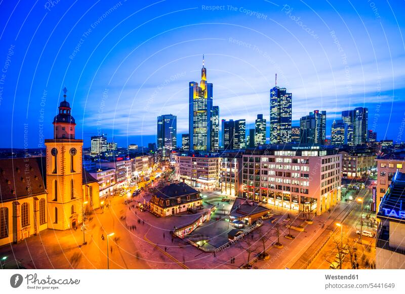Germany, Hesse, Frankfurt, Hauptwache square, skyline, blue hour illuminated lit lighted Illuminating bank building outdoors outdoor shots location shot