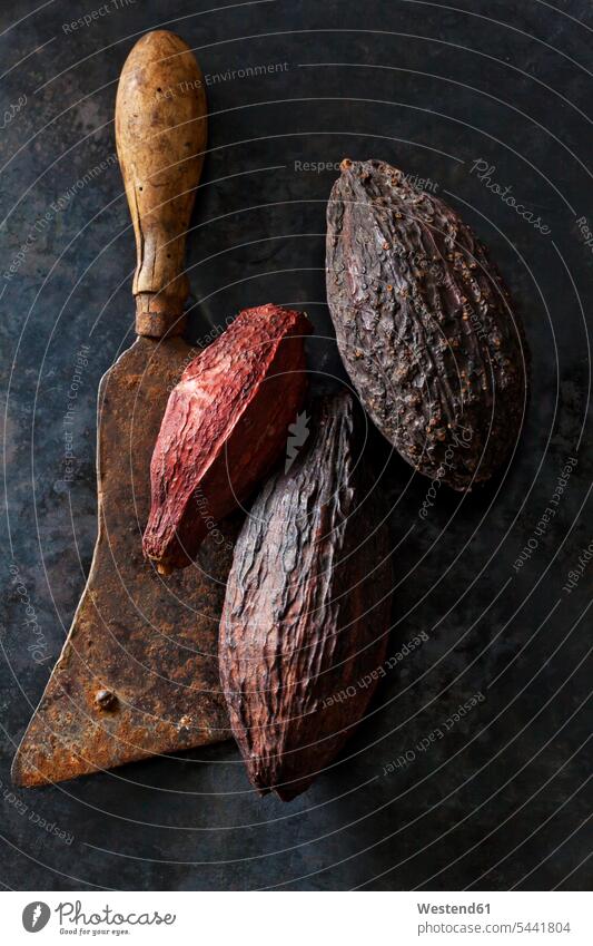 Cocoa fruit on an old cleaver overhead view from above top view Overhead Overhead Shot View From Above still life still-lifes still lifes superfood cocoa fruit