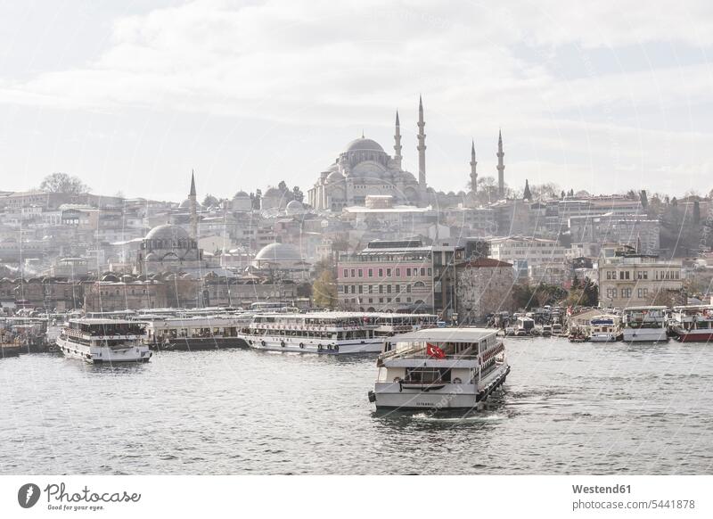 Turkey, Istanbul, Cityview with Suleymaniye Mosque, ships at Golden Horn religion religious religions faith belief sky skies Islam historical Travel destination