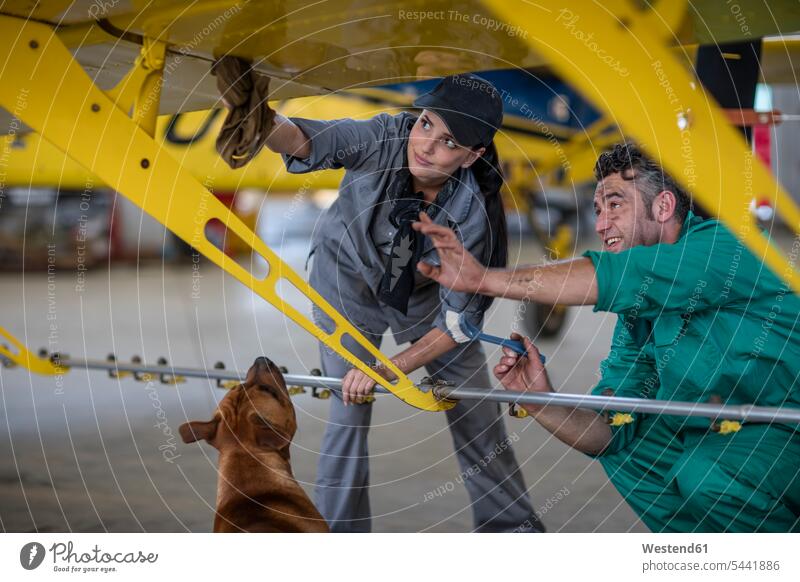Mechanics with dog in hangar repairing light aircraft mechanic female mechanics airplane aeroplanes airplanes working At Work mechanician repairman mechanicians