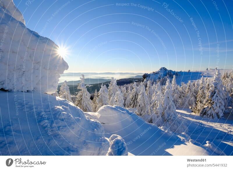 Germany, Bavaria, Bavarian Forest in winter, View from Grosser Seeriegel towards Bodenmaiser Riegel mountain mountains outdoors outdoor shots location shot