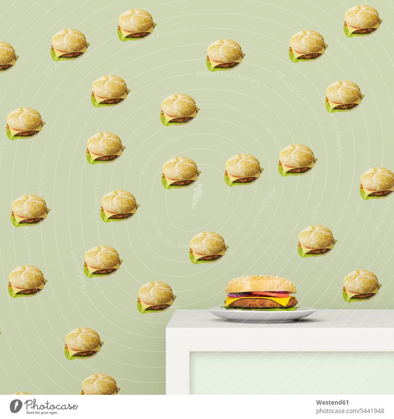 Plate with Hamburger on cup board in front of wallpaper with Hamburger pattern, 3D Rendering authenticity original Unhealthy Eating unhealthy snack