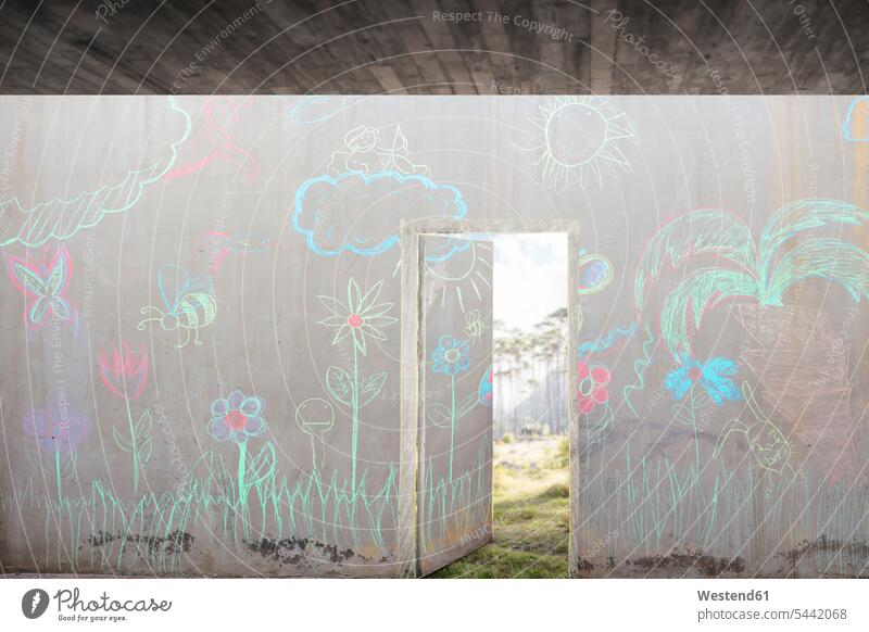 Concrete wall with colourful chalk drawings and open door doors concrete wall concrete walls multi-coloured multicoloured multi colored Multi Coloured colorful