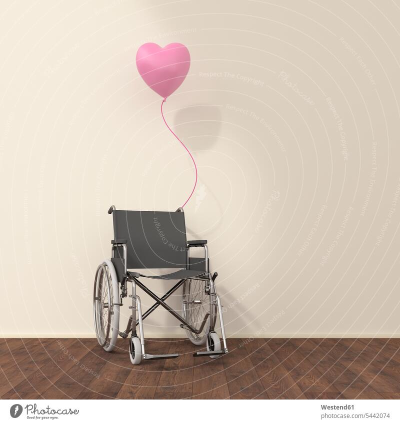 Wheelchair and pink balloon in a waiting room, 3D rendering Care caring care hospital hospitals Love loving symbolical picture Symbolism positive magenta heart