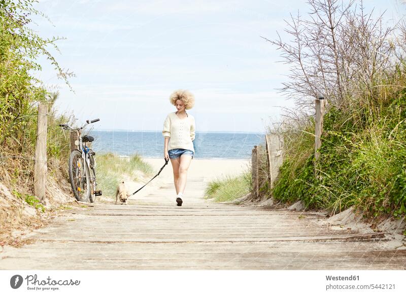 Young woman going walkies with her dog females women beach beaches dogs Canine Adults grown-ups grownups adult people persons human being humans human beings