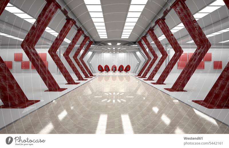 Futuristic room with five red swivel chairs, 3D Rendering armchair Arm Chairs armchairs vanishing point distance Absence Absent futuristic the future visionary