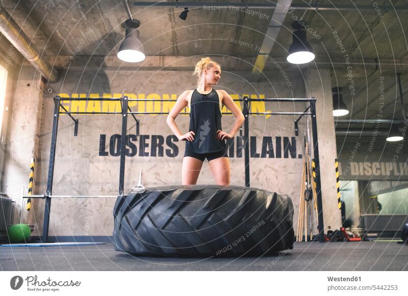 Young woman exercising with tractor tyre in gym exercise training practising females women Adults grown-ups grownups adult people persons human being humans