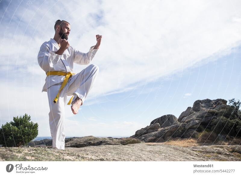 Man doing martial arts poses on a rock combative sport fighting man men males standing exercising exercise training practising sports Adults grown-ups grownups