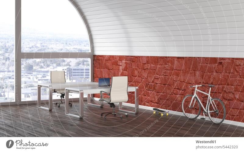 Two desks, racing cycle and skateboard in a loft, 3D Rendering workspace Work Space workspaces convenience amenities convenient amenity comfort Mobility mobile