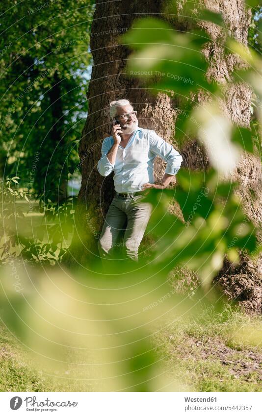 Smiling mature man on cell phone leaning against tree mobile phone mobiles mobile phones Cellphone cell phones Tree Trees on the phone call telephoning