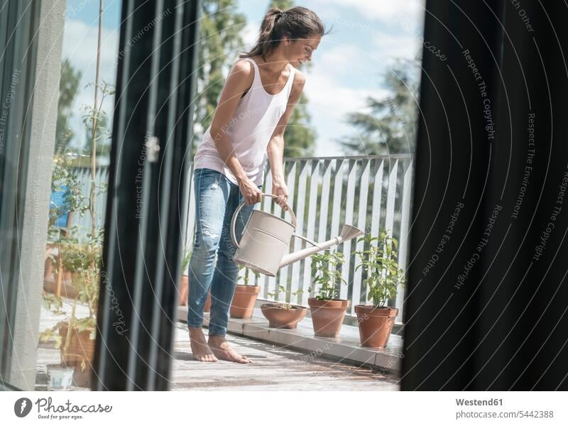 Smiling woman on balcony watering plants females women smiling smile balconies Adults grown-ups grownups adult people persons human being humans human beings