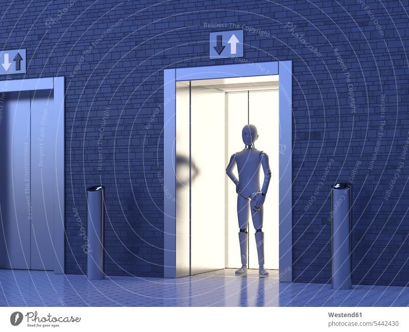 Robot standing in elevator occupation profession professional occupation jobs futuristic the future visionary silhouette silhouettes substitute artificial