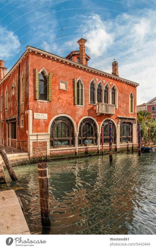 Italy, Venice, building exterior at canal cloud clouds Architecture wooden stake wooden stakes sunlight Sunlit water UNESCO World Heritage