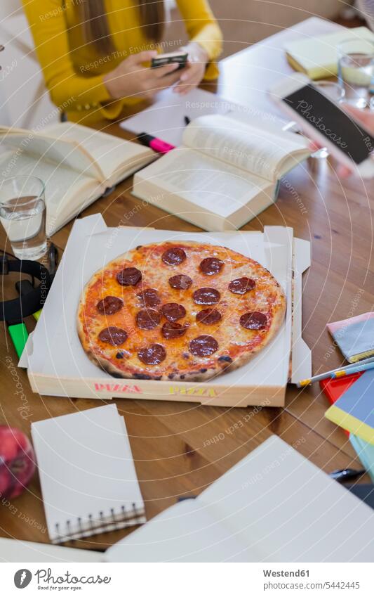 Young woman at home studying and having pizza Pizza Pizzas student female students females women Food foods food and drink Nutrition Alimentation