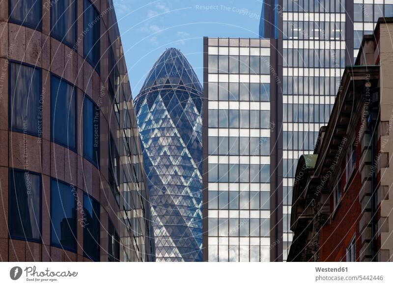UK, London, The Gherkin capital Capital Cities Capital City Part Of partial view cropped office tower office towers nobody sky skies Travel destination