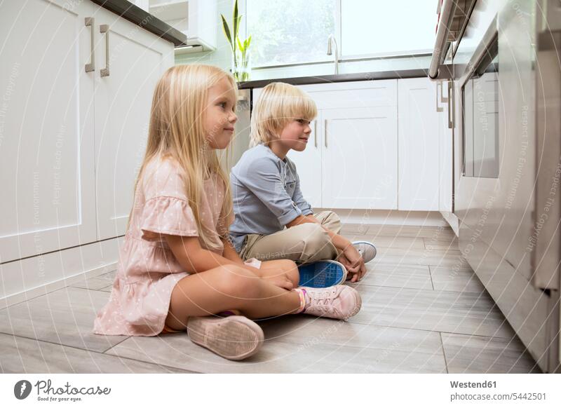 Brother and sister sitting on the floor in kitchen looking at oven boy boys males Seated sisters eyeing brother brothers domestic kitchen kitchens girl females