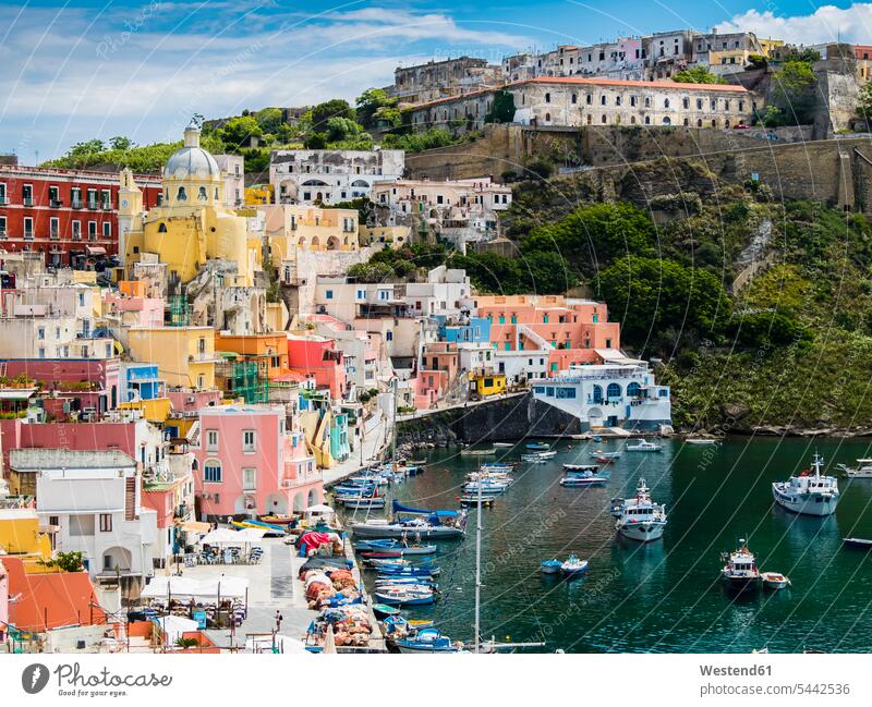 Italy, Campania, Gulf of Naples, Phlegraean Islands, Procida Island, Harbour, Marina di Corricella, former prison on mountain mountains sea ocean Travel