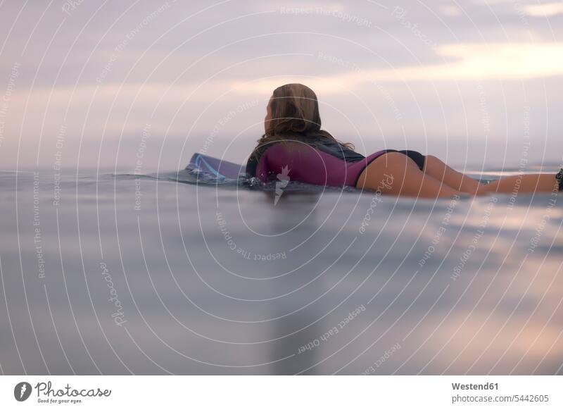 Surfer lying on surfboard in the water watching sunset surfboards surfer female surfer surfers female surfers laying down lie lying down surfing surf ride