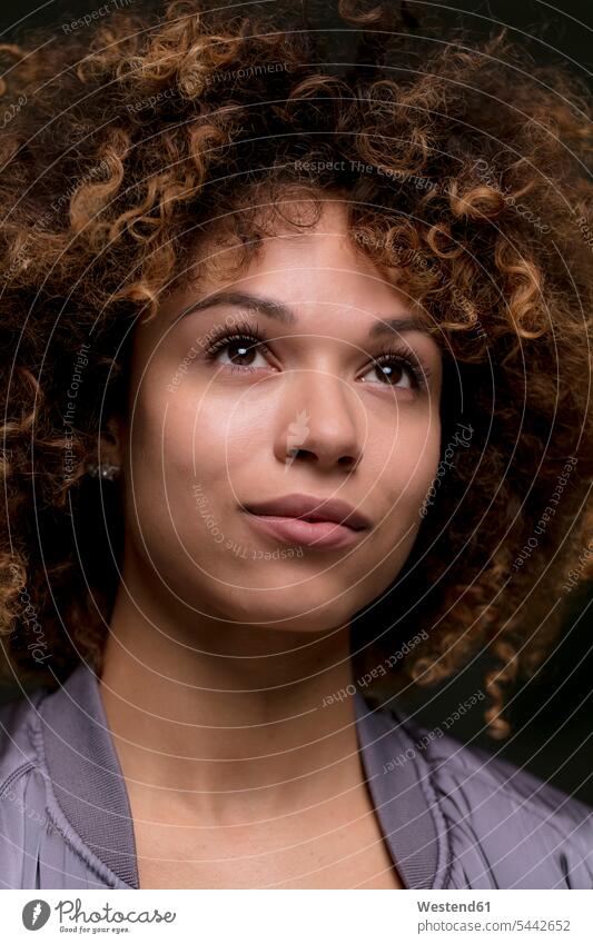 Portrait of woman with curly hair females women curls portrait portraits Adults grown-ups grownups adult people persons human being humans human beings