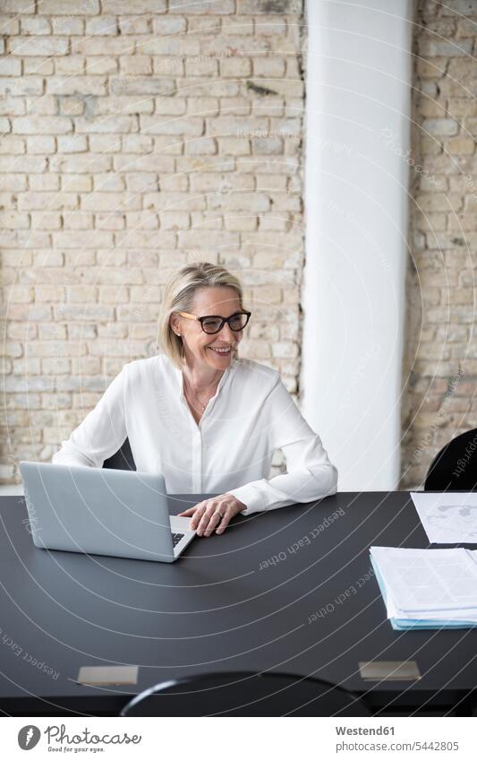 Mature businesswoman working in office, using laptop businesswomen business woman business women desk desks offices office room office rooms At Work sitting