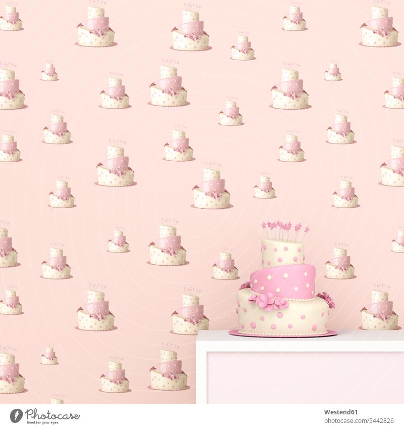 Pink and white birthday cake in front of wallpaper with fancy cake pattern, 3D Rendering patterned Absence Absent structure structures Part Of partial view