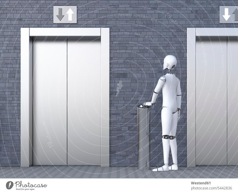 Robot standing in front of elevator occupation profession professional occupation jobs business business world business life futuristic the future visionary