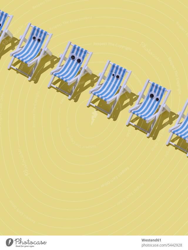 Row of beach chairs with eyes on yellow ground, 3D Rendering stripes striped relaxation relaxed relaxing Conformity alike conform Conformance Repetition