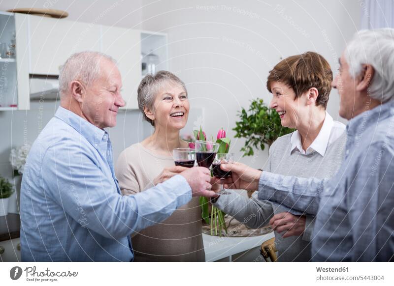 Two senior couples celebrating, toasting with red wine drinking celebrate partying clinking cheers senior adults seniors old Red Wine Red Wines happiness happy