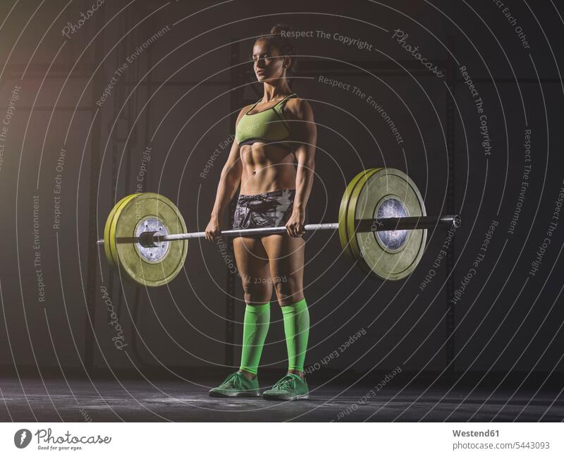 Young woman lifting barbell gym gyms Health Club females women weightlifting weight lifting fitness sport sports Adults grown-ups grownups adult people persons