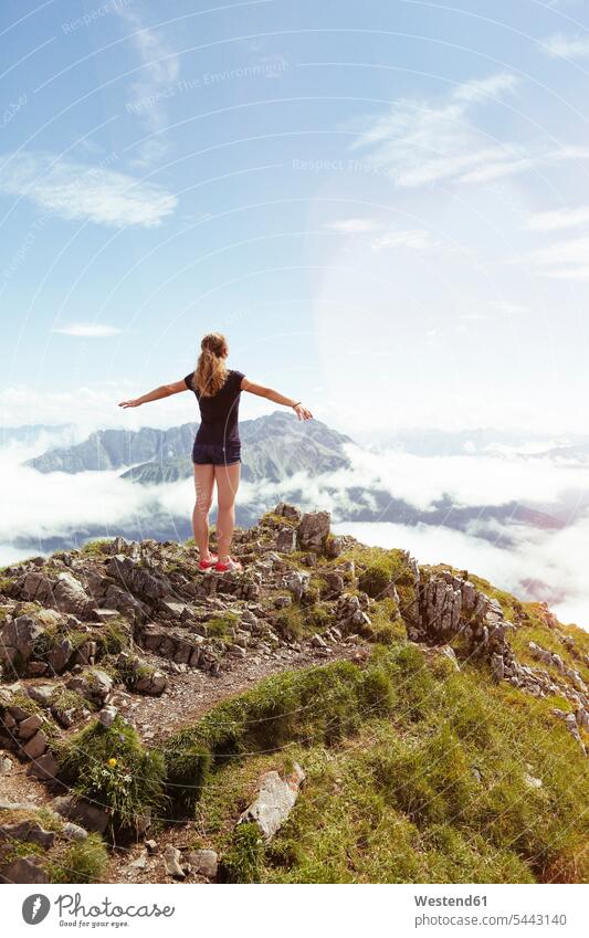 Austria, South Tyrol, female hiker, teenage girl arms outstretched female wanderers Travel Freedom Liberty free standing Arms outstretched outstretched arms