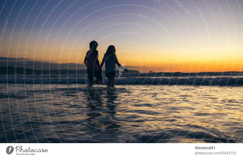 Young couple walking in the sea at dusk ocean twosomes partnership couples water waters body of water people persons human being humans human beings going