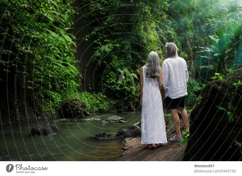 Handsome senior couple in tropical waterfall nature natural world elder couples senior couples fascinated fascination mesmerized attractive beautiful pretty