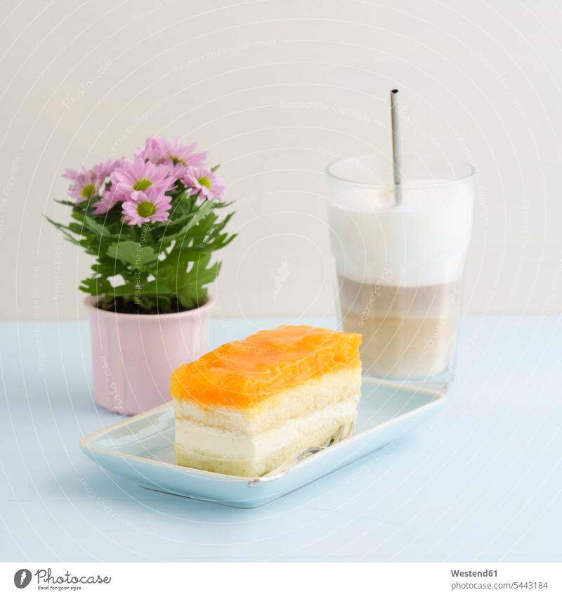 Peach cake and Latte Macchiato food and drink Nutrition Alimentation Food and Drinks Glass Drinking Glasses Flower Flowers Coffee nobody pies cakes studio shot
