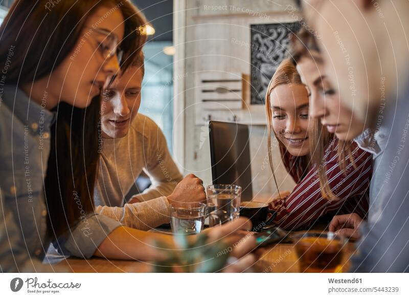 Group of friends sitting together in a cafe sharing smartphone Smartphone iPhone Smartphones share Drink beverages Drinks Beverage Seated mobile phone mobiles