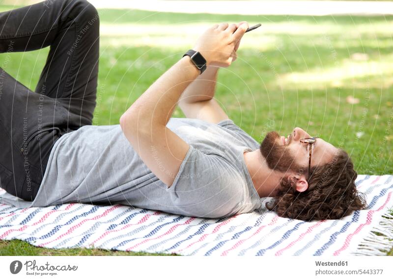 Man lying on blanket in a park using cell phone man men males Smartphone iPhone Smartphones Adults grown-ups grownups adult people persons human being humans