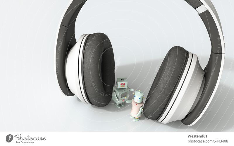 Two robots listening music with oversized headphones, 3D rendering Lifestyles machine relaxation relaxing headset couple twosomes partnership couples
