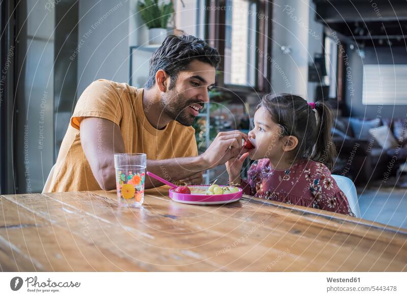 Father feeding daughter in kitchen eating Fruit Fruits father pa fathers daddy dads papa daughters Food foods food and drink Nutrition Alimentation