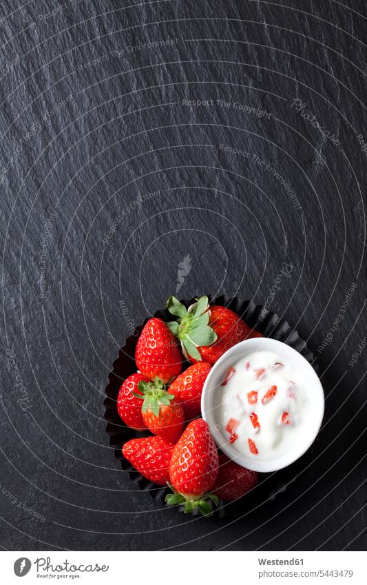Bowl of natural yoghurt with strawberries baking dish baking dishes red Berry berry fruits Berries Fruit Fruits Bowls Strawberry Strawberries Fragaria