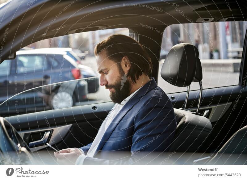 Businessman using cell phone in a car automobile Auto cars motorcars Automobiles mobile phone mobile phones Cellphone cell phones Business man Businessmen