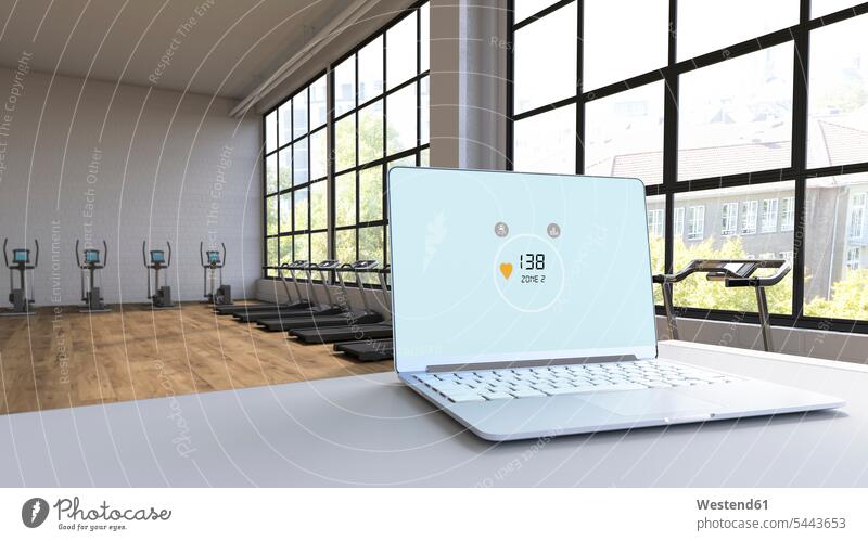 Heart rate on laptop in loft with exercise equipment, 3d rendering concept concepts conceptual exercises practising exercising pulse Wifi Wi-Fi