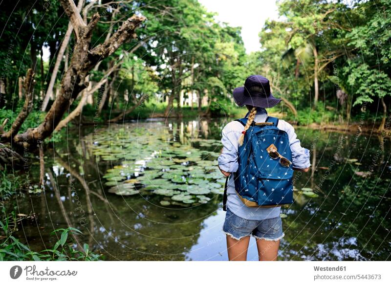 Back view of woman with backpack looking at lake females women rucksacks backpacks back-packs Adults grown-ups grownups adult people persons human being humans
